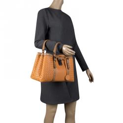 Pre Owned Bottega Veneta Orange Intrecciato Leather Python Trimmed Small Roma Tote