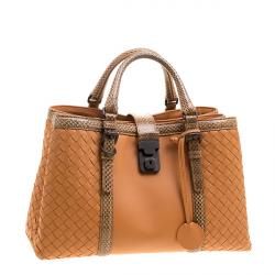 Pre Owned Bottega Veneta Orange Intrecciato Leather Python Trimmed Small Roma Tote