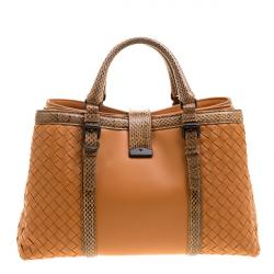 Pre Owned Bottega Veneta Orange Intrecciato Leather Python Trimmed Small Roma Tote