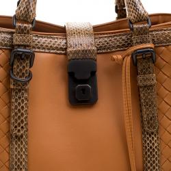 Pre Owned Bottega Veneta Orange Intrecciato Leather Python Trimmed Small Roma Tote