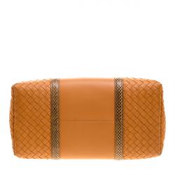 Pre Owned Bottega Veneta Orange Intrecciato Leather Python Trimmed Small Roma Tote