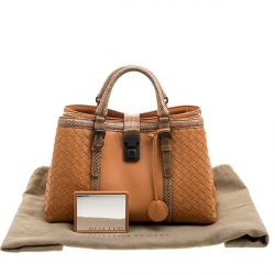 Pre Owned Bottega Veneta Orange Intrecciato Leather Python Trimmed Small Roma Tote