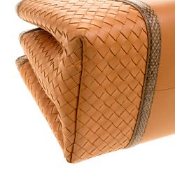 Pre Owned Bottega Veneta Orange Intrecciato Leather Python Trimmed Small Roma Tote