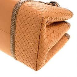Pre Owned Bottega Veneta Orange Intrecciato Leather Python Trimmed Small Roma Tote