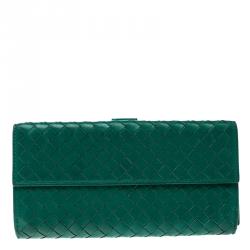 Pre Owned Bottega Veneta Green Intrecciato Leather Wallet