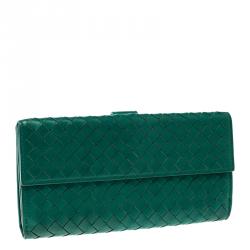 Pre Owned Bottega Veneta Green Intrecciato Leather Wallet