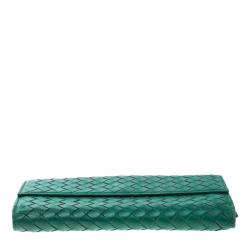 Pre Owned Bottega Veneta Green Intrecciato Leather Wallet
