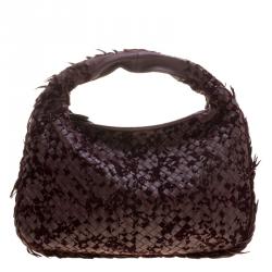 Pre Owned Bottega Veneta Burgundy Leather Intrecciato Velvet Speckled Hobo 