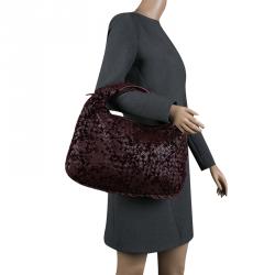 Pre Owned Bottega Veneta Burgundy Leather Intrecciato Velvet Speckled Hobo 