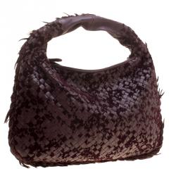 Pre Owned Bottega Veneta Burgundy Leather Intrecciato Velvet Speckled Hobo 