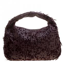 Pre Owned Bottega Veneta Burgundy Leather Intrecciato Velvet Speckled Hobo 