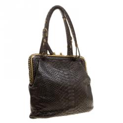 Pre Owned Bottega Veneta Dark Brown Python Frame Bag