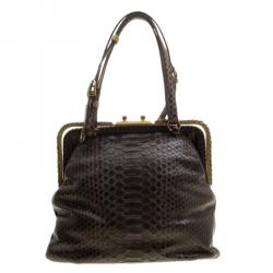 Pre Owned Bottega Veneta Dark Brown Python Frame Bag