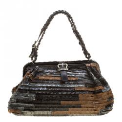 Pre Owned Bottega Veneta Multicolor Lizard Ruffles Limited Edition 084/250 Frame Bag