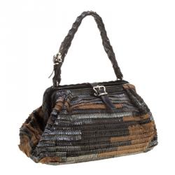 Pre Owned Bottega Veneta Multicolor Lizard Ruffles Limited Edition 084/250 Frame Bag