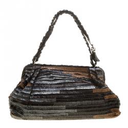 Pre Owned Bottega Veneta Multicolor Lizard Ruffles Limited Edition 084/250 Frame Bag