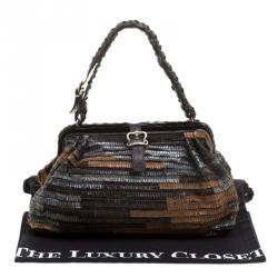 Pre Owned Bottega Veneta Multicolor Lizard Ruffles Limited Edition 084/250 Frame Bag