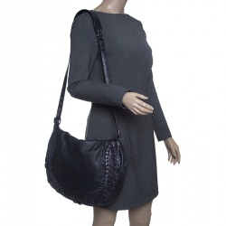 Pre Owned Bottega Veneta Dark Blue Leather and Intrecciato Crocodile Trims Messenger Bag
