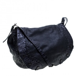 Bottega Veneta Dark Blue Leather and Intrecciato Crocodile Trims Messenger Bag