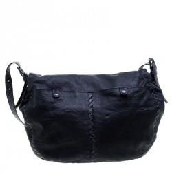 Pre Owned Bottega Veneta Dark Blue Leather and Intrecciato Crocodile Trims Messenger Bag