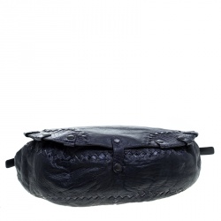 Pre Owned Bottega Veneta Dark Blue Leather and Intrecciato Crocodile Trims Messenger Bag