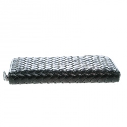 Pre Owned Bottega Veneta Dark Green Intrecciato Leather Zip Wallet