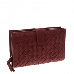 Pre Owned Bottega Veneta Red Nappa Leather Tourmaline Intrecciato Continental Wallet