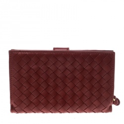 Pre Owned Bottega Veneta Red Nappa Leather Tourmaline Intrecciato Continental Wallet