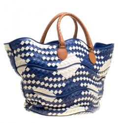 Pre Owned Bottega Veneta Blue/White Intrecciato Leather Bucket Bag