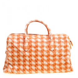 Pre Owned Bottega Veneta Orange/White Printed Intrecciato Leather Satchel