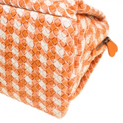 Pre Owned Bottega Veneta Orange/White Printed Intrecciato Leather Satchel
