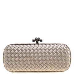Pre Owned Bottega Veneta Grey Intrecciato Satin and Snakeskin Trim Knot Clutch
