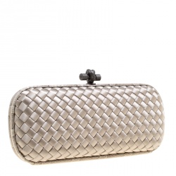 Pre Owned Bottega Veneta Grey Intrecciato Satin and Snakeskin Trim Knot Clutch