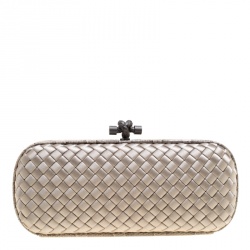 Pre Owned Bottega Veneta Grey Intrecciato Satin and Snakeskin Trim Knot Clutch