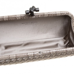 Pre Owned Bottega Veneta Grey Intrecciato Satin and Snakeskin Trim Knot Clutch