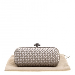 Pre Owned Bottega Veneta Grey Intrecciato Satin and Snakeskin Trim Knot Clutch