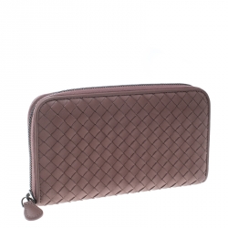 Pre Owned Bottega Veneta Grape Intrecciato Nappa Leather Zip Wallet