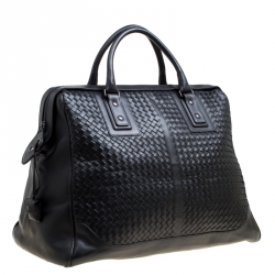 Pre Owned Bottega Veneta Black Intrecciato Leather Weekender Bag