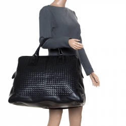 Pre Owned Bottega Veneta Black Intrecciato Leather Weekender Bag
