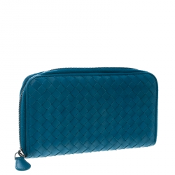 Pre Owned Bottega Veneta Blue Intrecciato Leather Zip Around Long Wallet