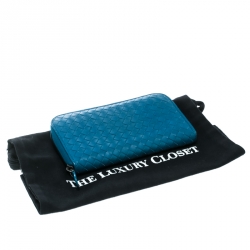 Pre Owned Bottega Veneta Blue Intrecciato Leather Zip Around Long Wallet