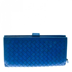 Pre Owned Bottega Veneta Blue Intrecciato Leather Continental Wallet