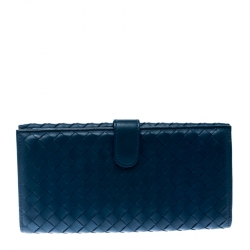 Pre Owned Bottega Veneta Blue Intrecciato Leather Continental Wallet