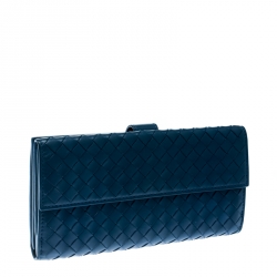 Pre Owned Bottega Veneta Blue Intrecciato Leather Continental Wallet