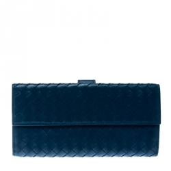 Pre Owned Bottega Veneta Blue Intrecciato Leather Continental Wallet