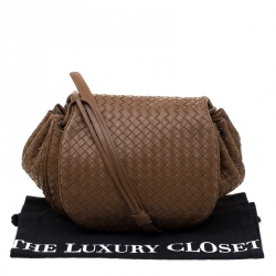 Pre Owned Bottega Veneta Brown Intrecciato Leather Drawstring Flap Crossbody Bag