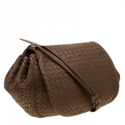 Pre Owned Bottega Veneta Brown Intrecciato Leather Drawstring Flap Crossbody Bag