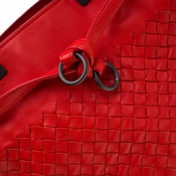 Pre Owned Bottega Veneta Red Intrecciato Leather Drawstring Bucket Bag