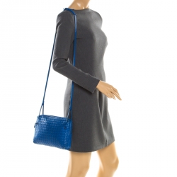 Pre Owned Bottega Veneta Blue Intrecciato Leather Nodini Crossbody Bag