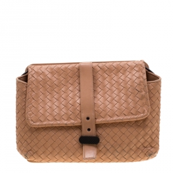 Pre Owned Bottega Veneta Pale Orange Intrecciato Leather Double Sided Flap Shoulder Bag